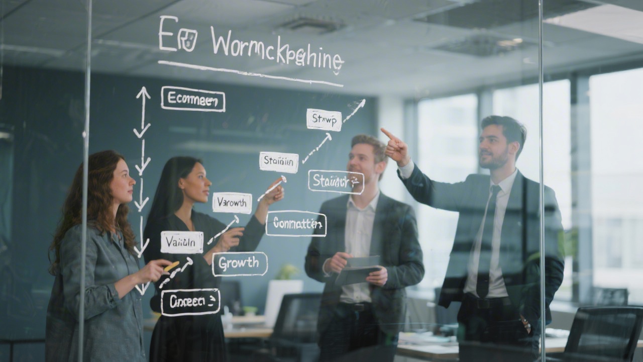 Workflow diagram drawn on a glass wall showing ecommerce steps from validation to growth, with team members pointing to milestones in a modern office.