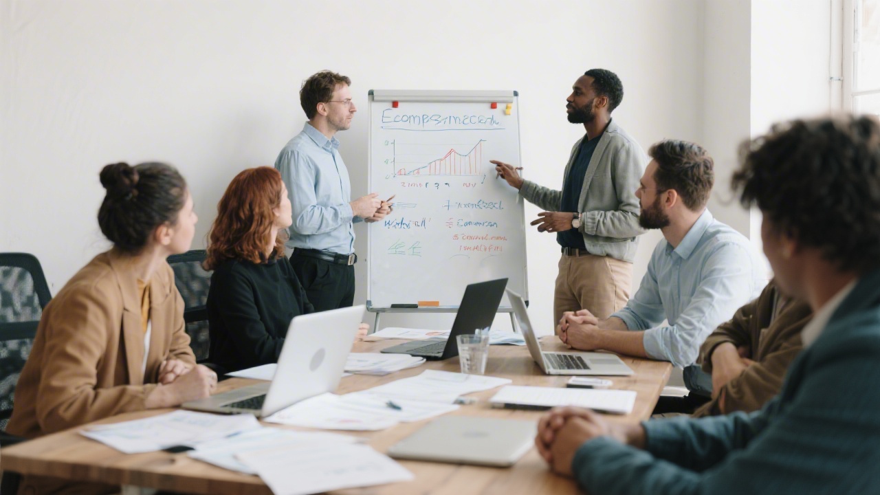 Workshop session with business owners and consultants discussing ecommerce metrics on a whiteboard, papers and laptops spread across a table.